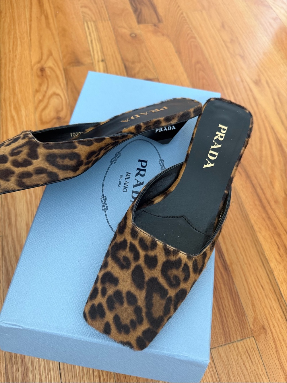 Prada Leopard Ponyhair Square Toe Mule w/ Triangle Heel NIB - Picture 2 of 6